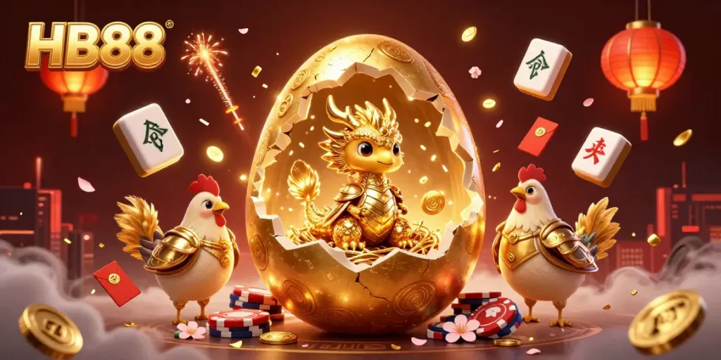 Experience the thrilling HB88 casino adventure with a golden dragon and poker chips in a vibrant scene.