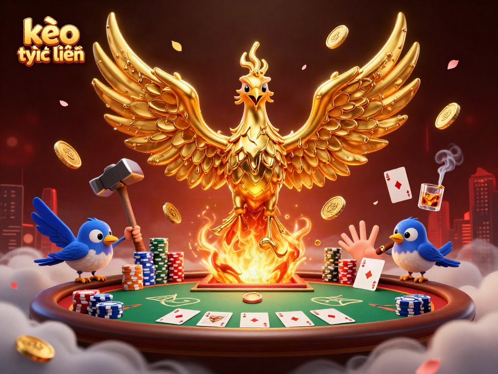 Experience kèo trực tuyến with this vibrant scene featuring a molten gold phoenix and poker elements.