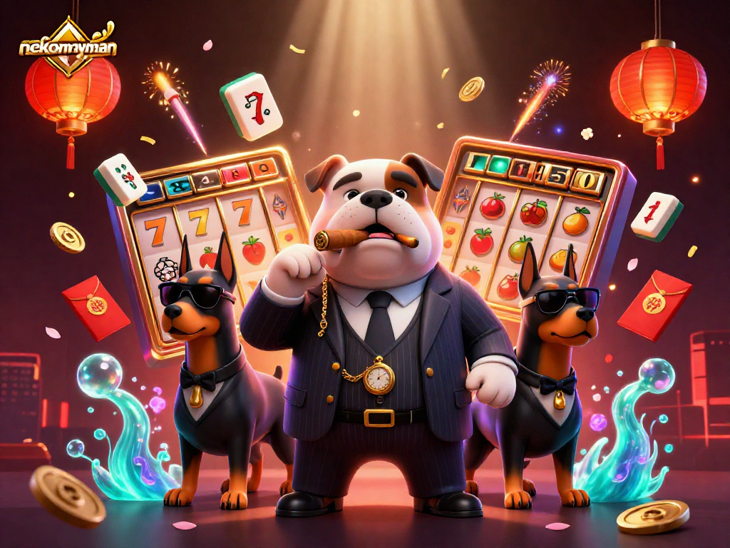 NekoMayman showcases a mafia bulldog with slot reels and festive elements, celebrating casino wins.
