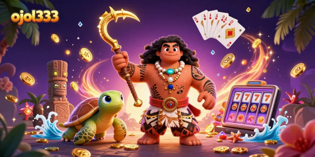 Spin through the exciting casino world of ojol333 with a vibrant, 3D-action scene featuring dynamic characters.