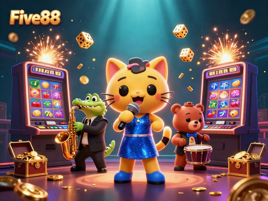 Experience the exciting world of Five88 with vibrant casino elements and engaging characters in this lively scene.