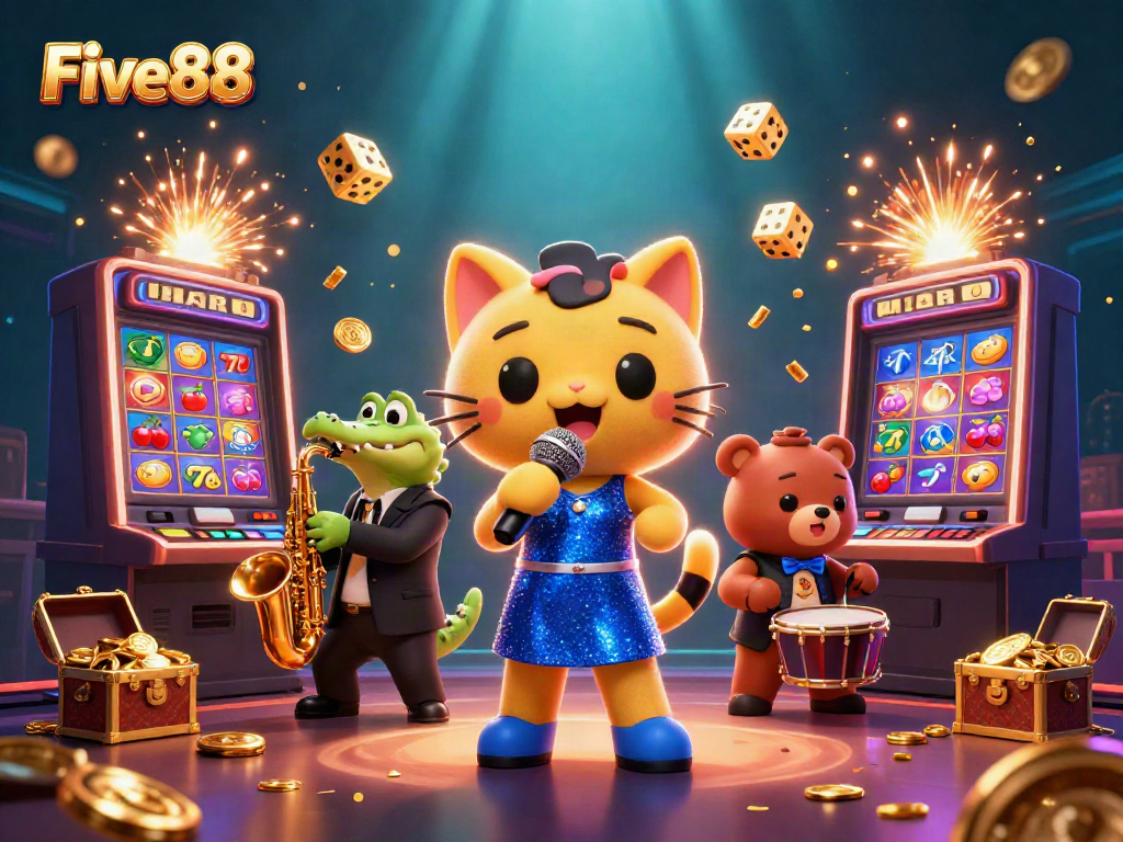 Experience the exciting world of Five88 with vibrant casino elements and engaging characters in this lively scene.