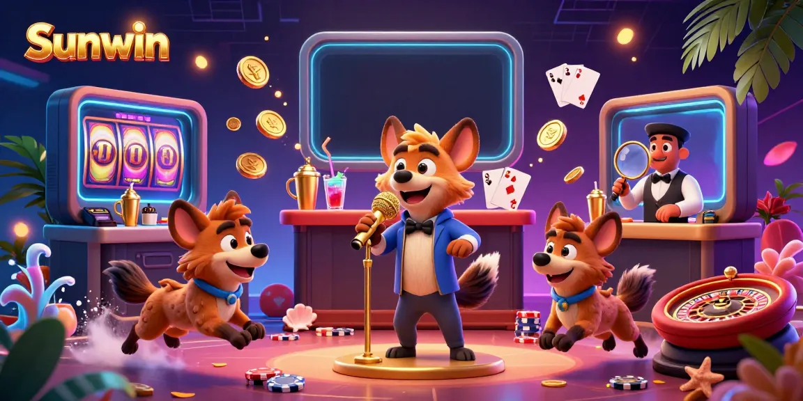 Experience the vibrant casino energy with Sunwin, showcasing hyenas in a comedy club setting, entertaining and mixing drinks.