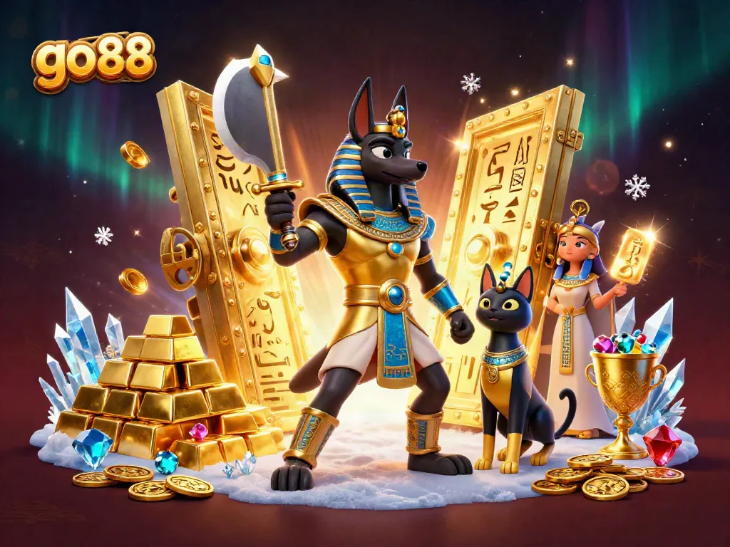 Experience the thrill at go 88 with Anubis and Bastet amidst vibrant treasures and gaming elements.