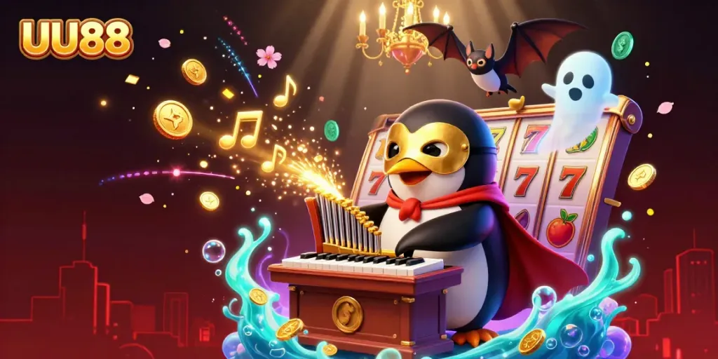 Experience exciting gaming action at UU88 with a cartoon penguin playing a golden coin organ amidst vibrant casino elements.