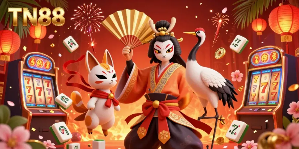 Engage in exhilarating TN88 casino games with a dynamic scene featuring kabuki characters and slot elements.