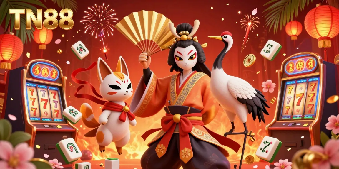 Engage in exhilarating TN88 casino games with a dynamic scene featuring kabuki characters and slot elements.