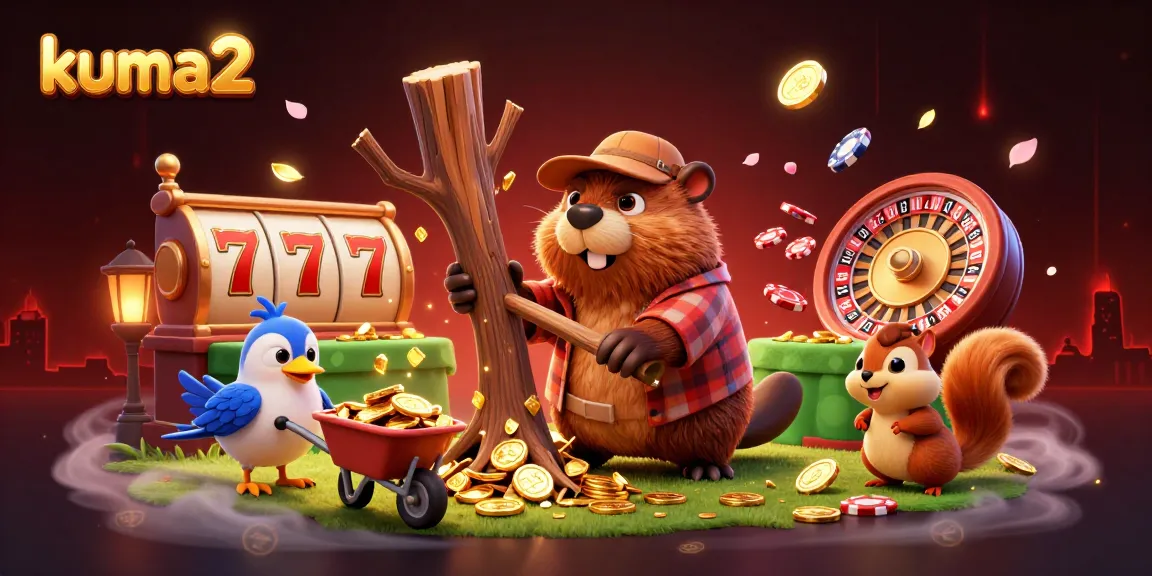 Kuma2 casino-themed illustration with a beaver, bird, and squirrel collecting gold coins, showcasing vibrant gambling elements.