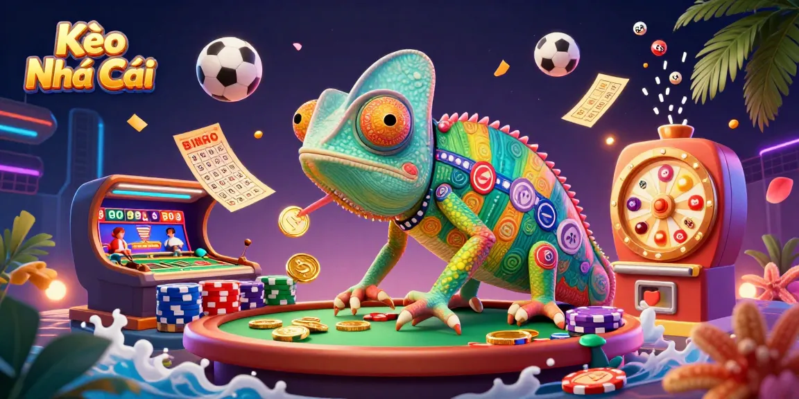 Kèo Nhà Cái scene featuring a chameleon casino owner delightfully enjoying sports betting and poker with vibrant game elements.