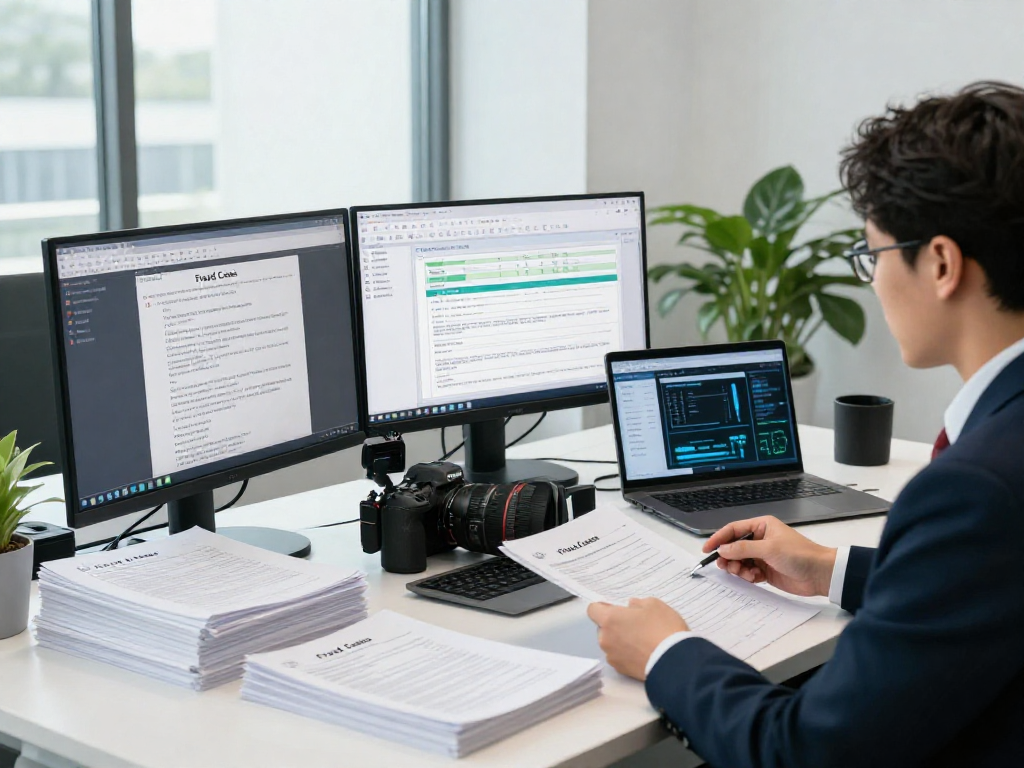 Compliance officer analyzing document fraud detection results on large monitor in modern office environment.
