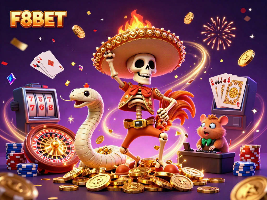F8BET features an energetic casino scene with a skeleton rooster, mummy snake, and DJ hamster celebrating on gold coins.