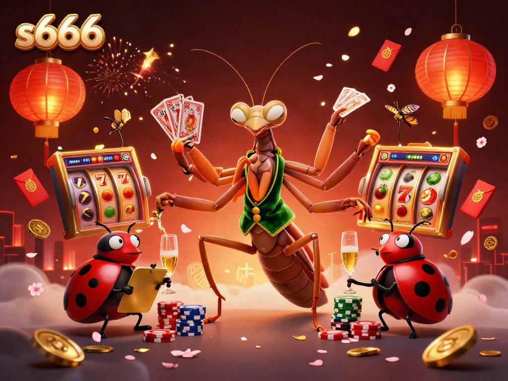 Experience exciting gameplay with s666 as a praying mantis deals cards and chips in a vibrant casino scene.
