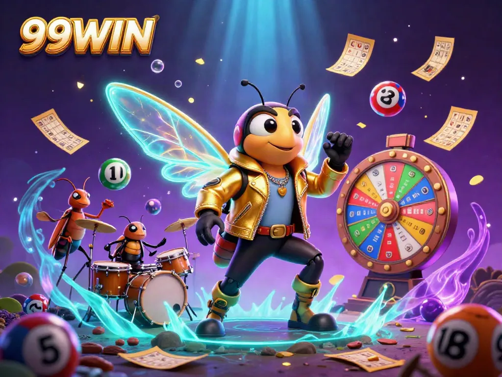 Engage with the vibrant world of 99WIN illustrated in a dynamic 3D scene filled with colorful lottery elements.