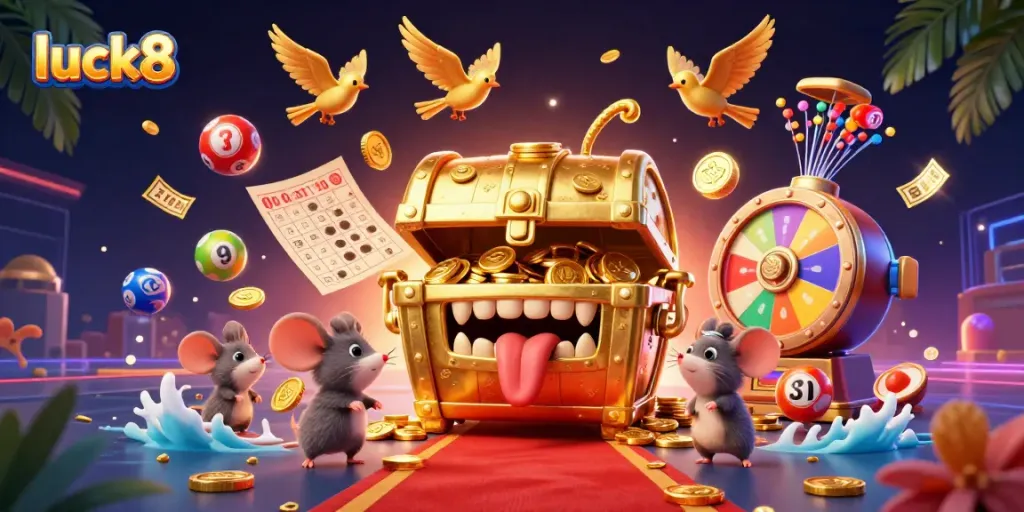 Engage with luck8's vibrant online casino scene filled with gold treasures and dynamic game elements.