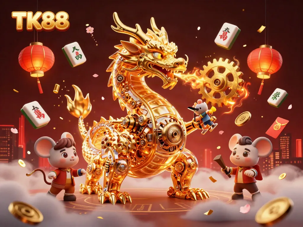 Experience thrilling gaming excitement from TK88 with a vibrant 3D casino scene of a golden dragon.