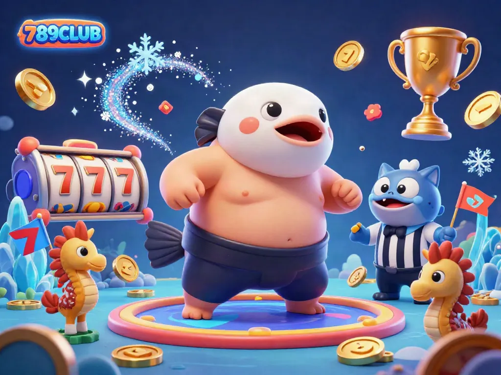 Engage in thrilling gameplay at 789CLUB, featuring a dynamic casino scene with a fugu wearing a sumo belt.