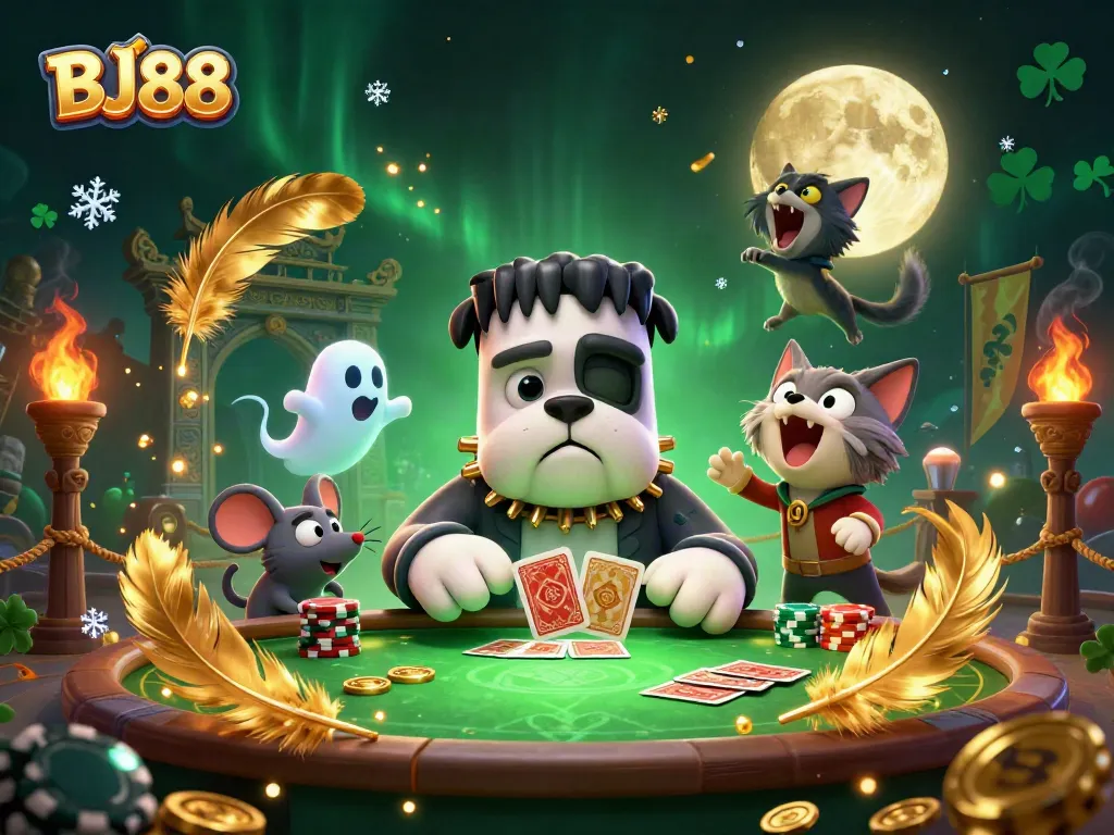 Experience thrilling gaming moments with BJ88's vibrant casino art featuring unique characters.