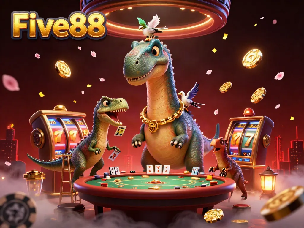 Engage in exciting gameplay at Five88 with dynamic scenes featuring a brontosaurus and clever raptor amidst casino elements.