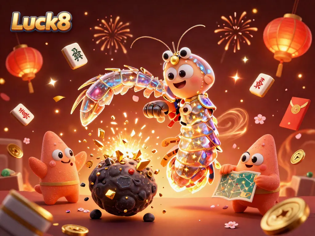 Luck8 showcases a vibrant casino scene with a galactic mantis shrimp and starfish amidst gold coins and festive elements.