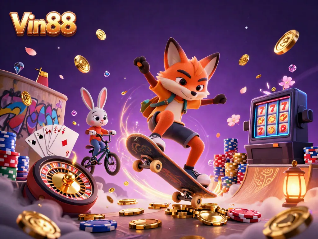 Experience the thrill of Vin88 with a dynamic scene showcasing casino elements, characters, and vibrant colors.