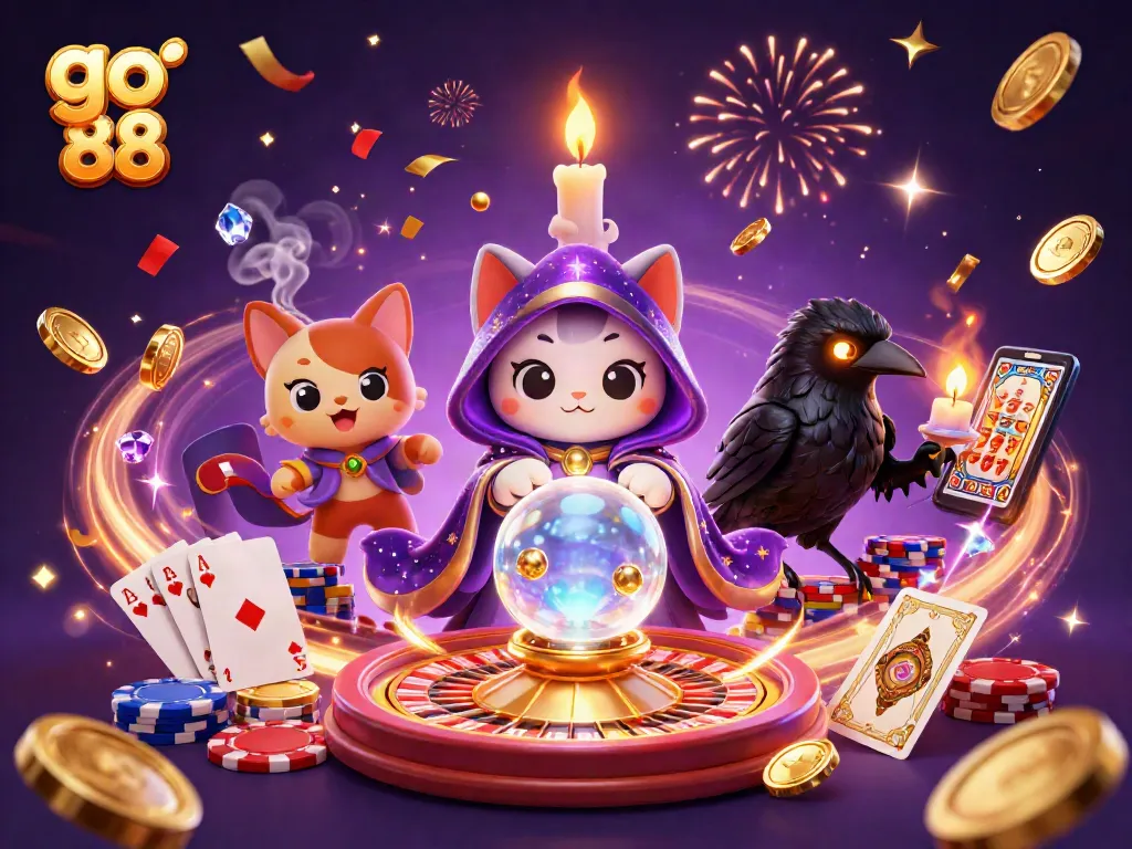 GO 88 tạo cảm giác huyền bí với mèo tiên tri, quạ bài tarot cùng các đồng xu vàng lấp lánh.