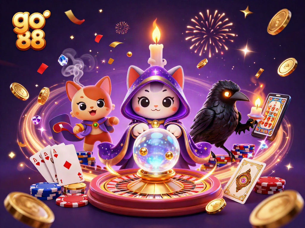 GO 88 tạo cảm giác huyền bí với mèo tiên tri, quạ bài tarot cùng các đồng xu vàng lấp lánh.