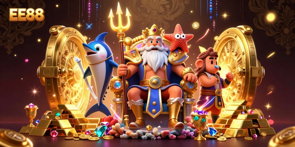 Experience EE88's vibrant casino world with Neptune, treasures, and a swordfish guardian in 3D.