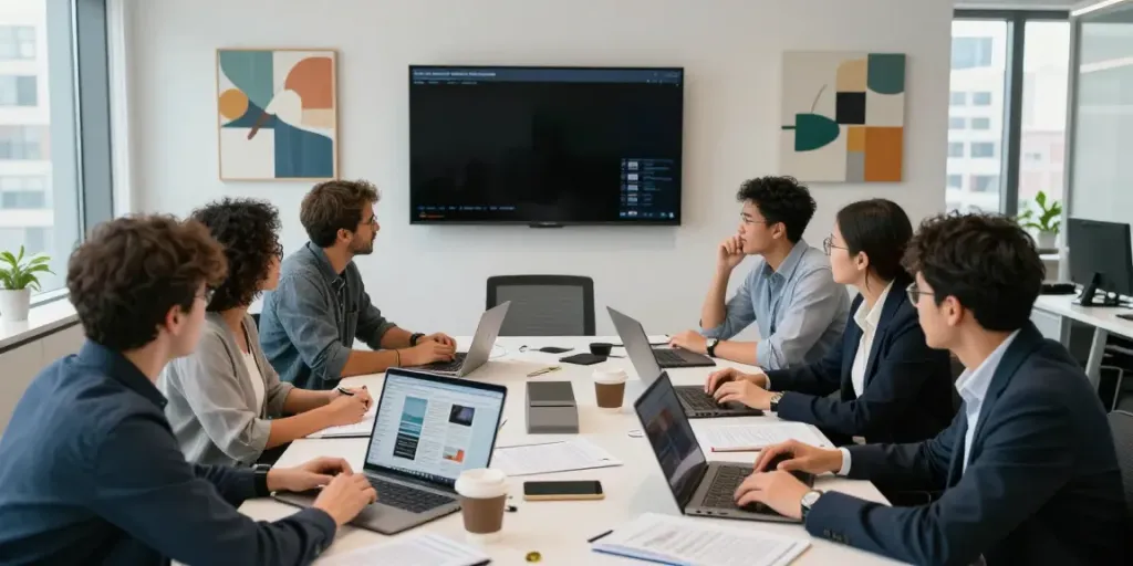 Journalists collaborating in a modern news media office, showcasing elligilgal.com content creation.