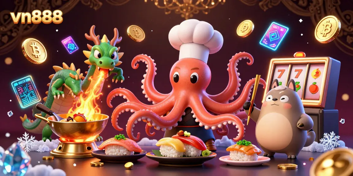 Enjoy thrilling games at vn888 with a dynamic scene featuring a vibrant sushi chef octopus and his dragon friend.