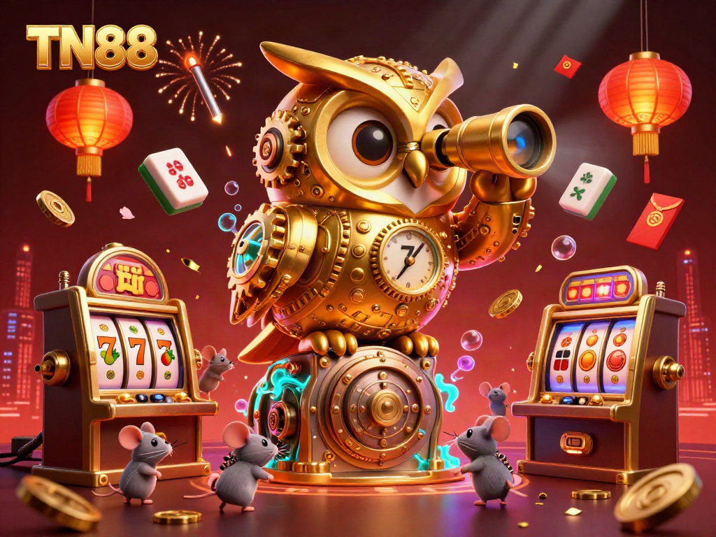 Experience the thrills of TN88 casino games with vibrant slot machines and lively characters in a rich, dynamic scene.