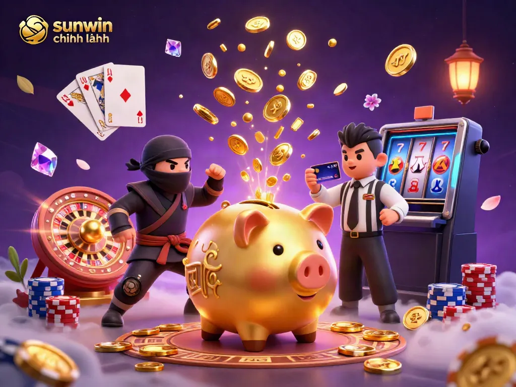 Spin and win with sunwin chính hãng as a sumo wrestler stirs a shower of coins in this vibrant 3D scene.
