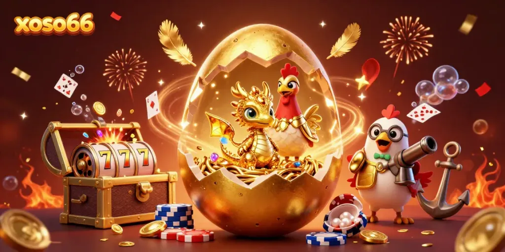 Win big at xoso66 with this vibrant 3D illustration featuring a golden dragon and poker chips.