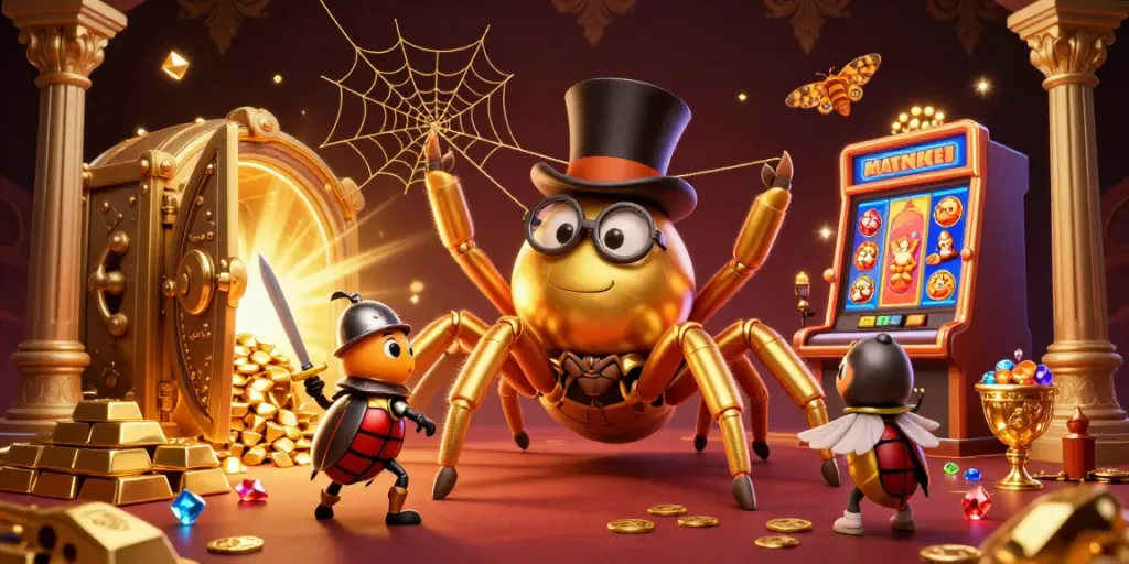 Engage with thrilling moments at 78win, where a golden tarantula weaves excitement amidst slot machine reels.
