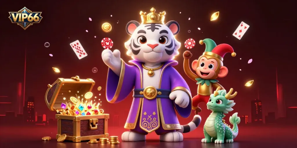 VIP66 animated scene showcasing a regal cartoon tiger, playful monkey, and magical jade dragon amidst lavish casino elements.