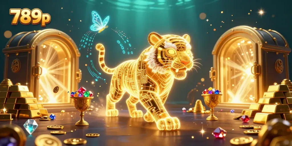 Experience thrilling gameplay with 789p as a neon tiger navigates a dazzling digital casino landscape.