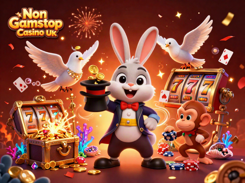 Engage in exhilarating games at Non Gamstop Casino UK with a magical themed illustration of a rabbit pulling coins.