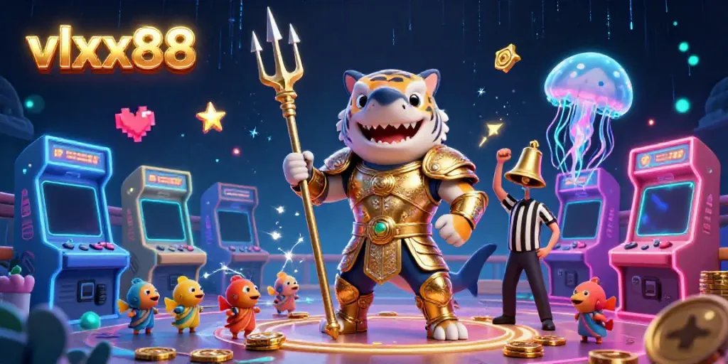 Experience the thrilling world of vlxx88 with a dynamic underwater scene featuring a tiger shark and gaming elements.