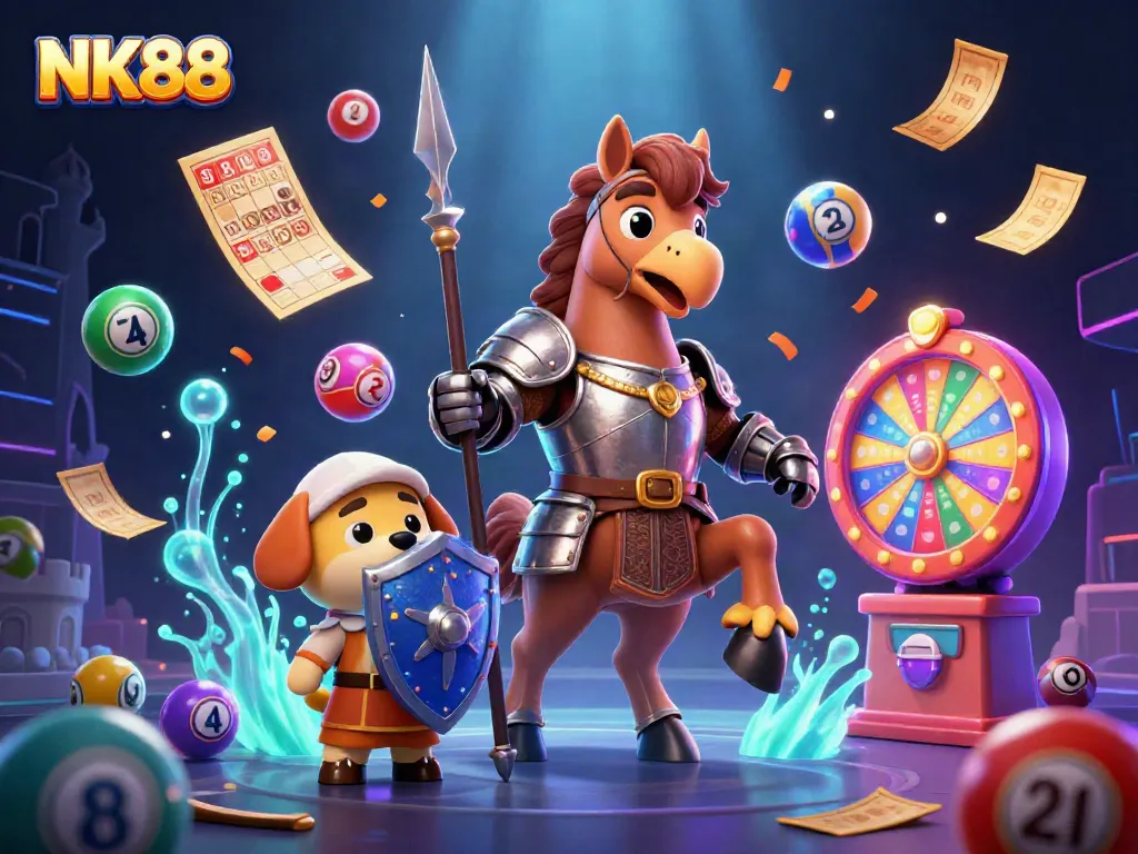 Engage with NK88's vibrant lottery scene featuring colorful balls and lucky characters.