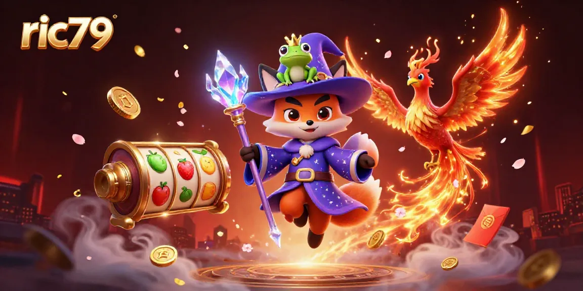 Experience the magic of ric79 with this vibrant 3D scene featuring a wizard fox and jackpot elements.