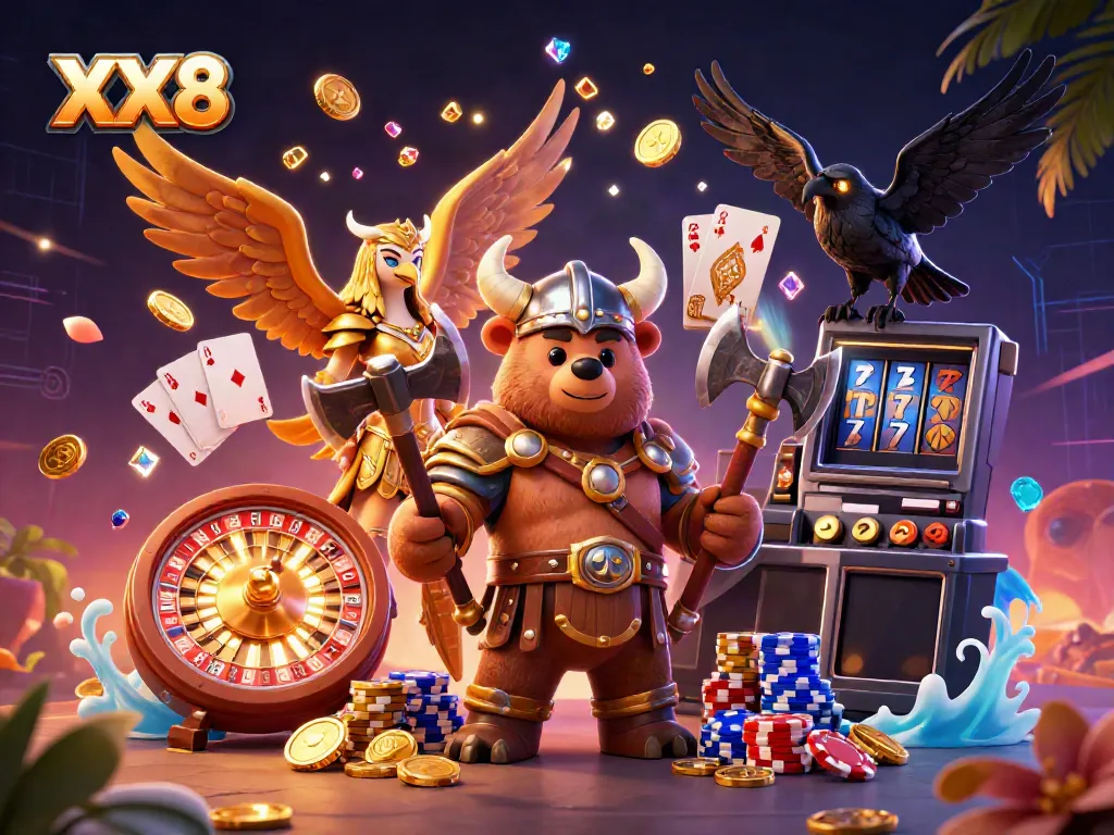 Engage with the exhilarating world of the XX8 casino illustrated by a Viking bear and Valkyrie eagle.