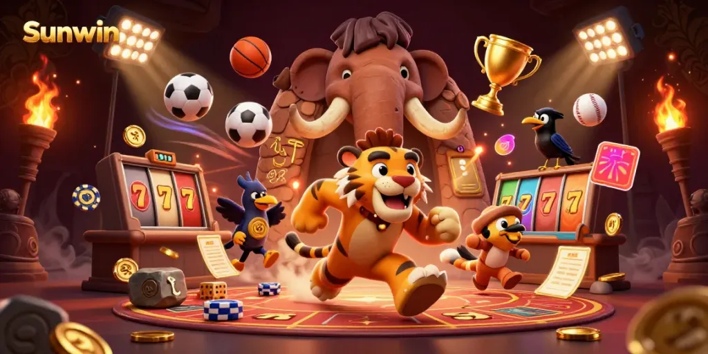 Experience the thrilling atmosphere of a prehistoric casino featuring Sunwin characters in action with vibrant gaming elements.