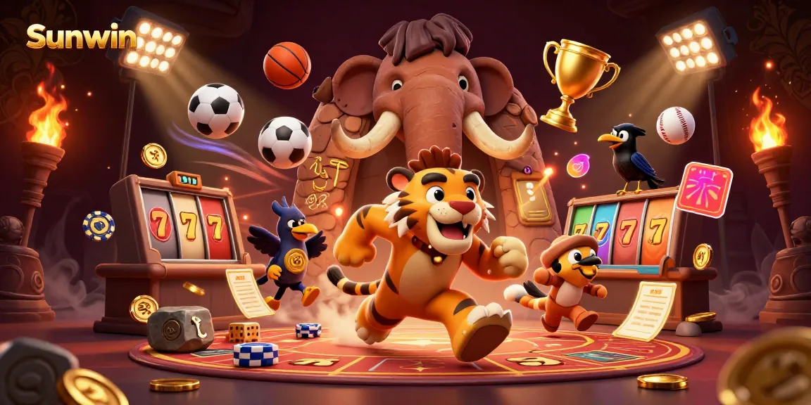 Experience the thrilling atmosphere of a prehistoric casino featuring Sunwin characters in action with vibrant gaming elements.