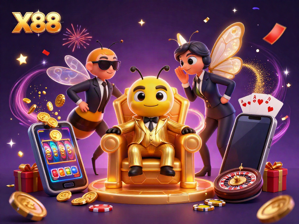 Experience engaging X88 adventures with a bumblebee mob boss and animated casino elements.