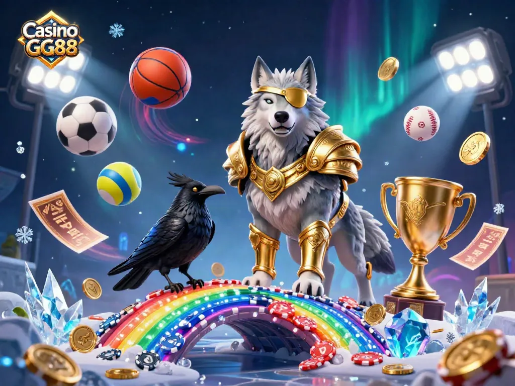 Experience the vibrant energy of Casino GG88 with Odin and ravens amidst casino chips, sports elements, and dynamic action.