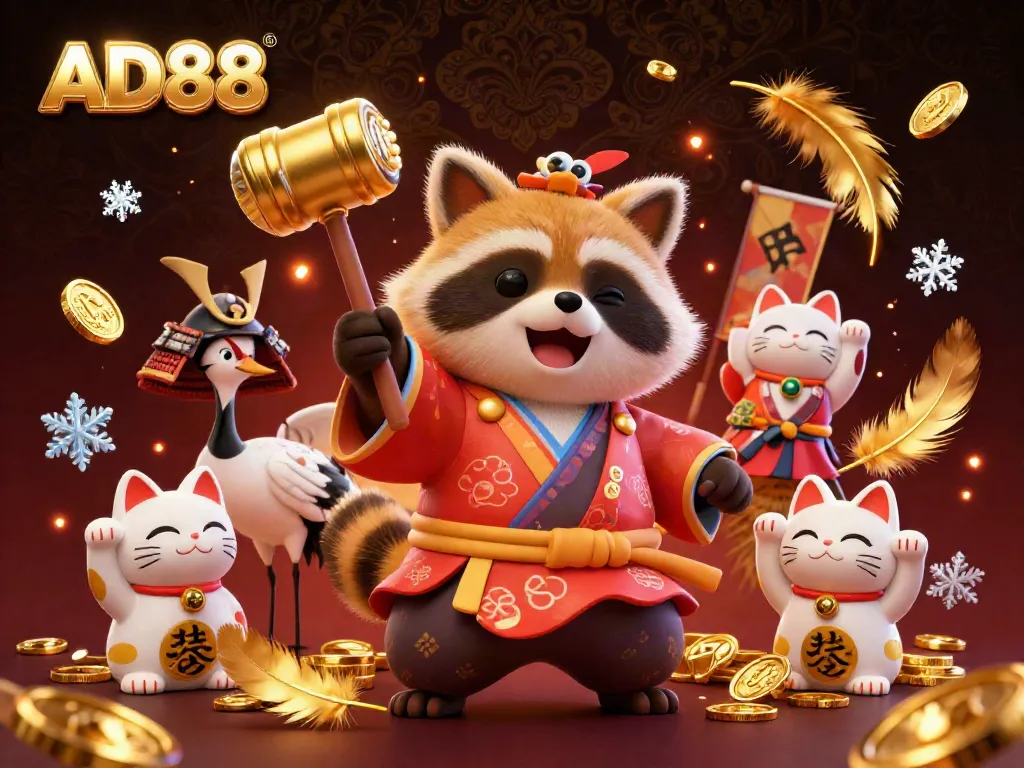 Join the fun at AD88 with a 3D illustration featuring a lucky tanuki holding a golden mallet.