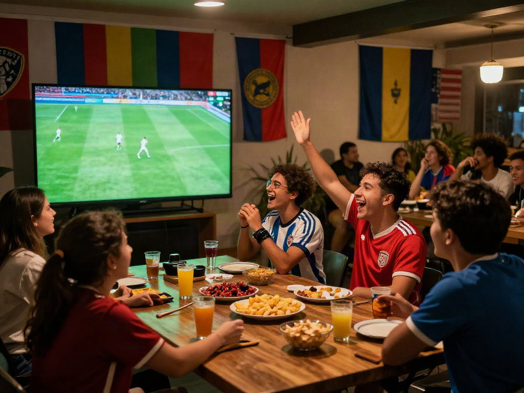 Enthusiastic fans enjoying Thapcamtv soccer match viewing party with snacks.