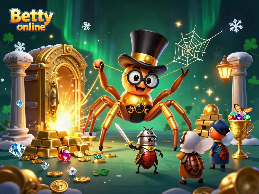 Betty online showcases a golden tarantula and beetle knight in a vibrant 3D casino scene.