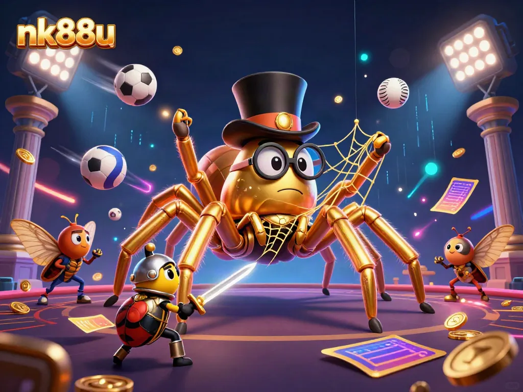 Engage with nk88u at a vibrant casino scene featuring a golden tarantula and adventurous beetle knight.