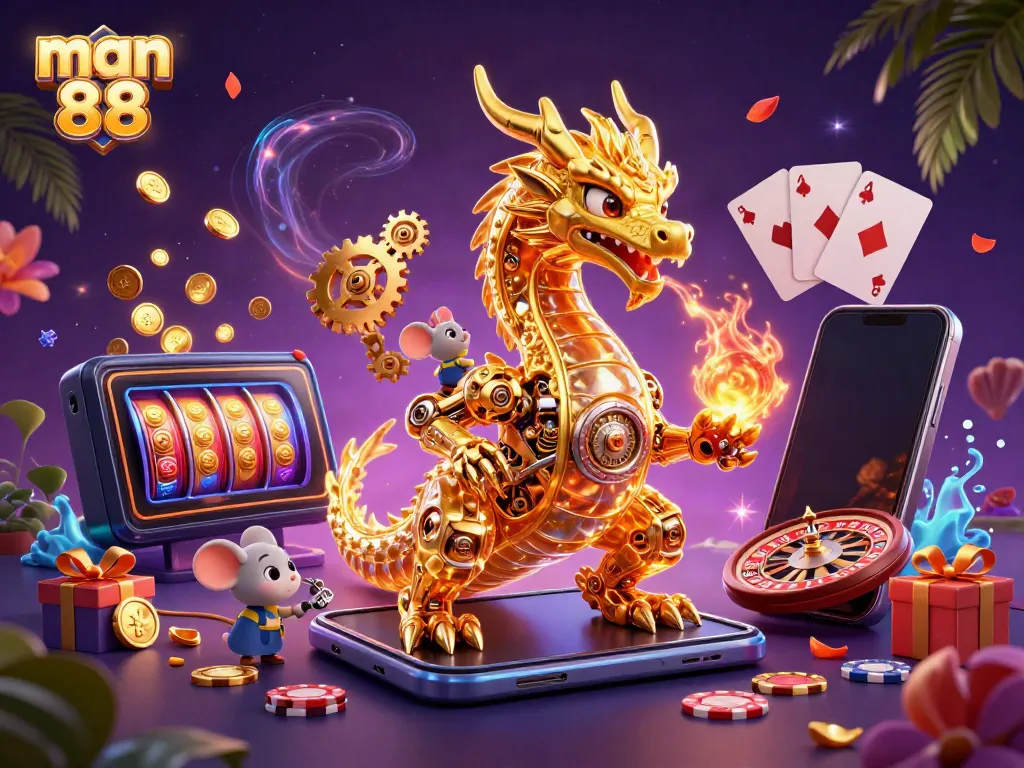 Engage in thrilling gameplay with man 88, featuring an epic golden dragon and vibrant casino elements.