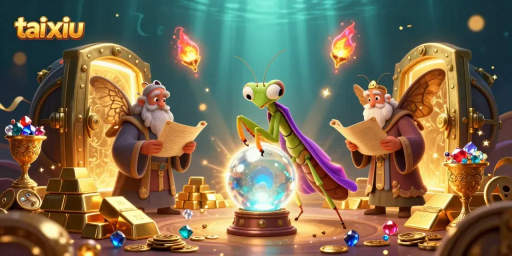 Enter the mystical world of tai xiu with vibrant fortune teller and treasure-filled illustrations.